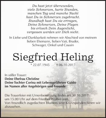 Traueranzeige von Siegfried Heling von Mitteldeutsche Zeitung Bitterfeld