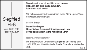 Traueranzeige von Siegfried Heß von WVG - Wochenspiegel NMB / WSF / ZTZ