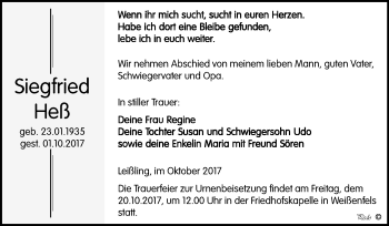 Traueranzeige von Siegfried Heß von Mitteldeutsche Zeitung Weißenfels