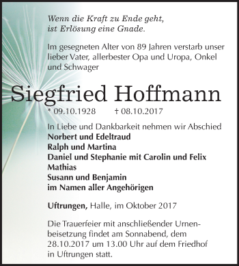 Traueranzeige von Siegfried Hoffmann von Mitteldeutsche Zeitung Sangerhausen