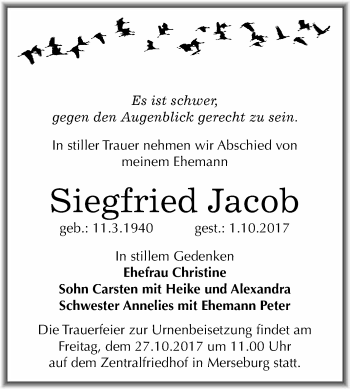 Traueranzeige von Siegfried Jacob von WVG - Wochenspiegel Merseburg