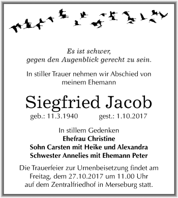 Traueranzeige von Siegfried Jacob von Mitteldeutsche Zeitung Merseburg/Querfurt