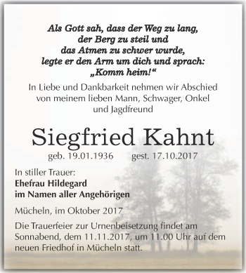 Traueranzeige von Siegfried Kahnt von WVG - Wochenspiegel Merseburg