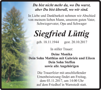 Traueranzeige von Siegfried Lüttig von Super Sonntag Quedlinburg