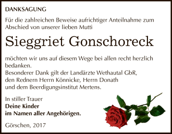 Traueranzeige von Sieggriet Gonschoreck von WVG - Wochenspiegel NMB / WSF / ZTZ