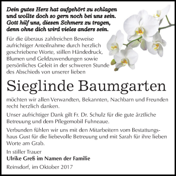 Traueranzeige von Sieglinde Baumgarten von WVG - Wochenspiegel Dessau / Köthen