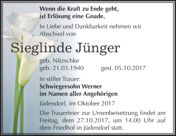 Traueranzeige von Sieglinde Jünger von WVG - Wochenspiegel NMB / WSF / ZTZ