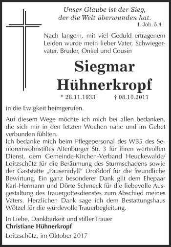 Traueranzeige von Siegmar Hühnerkropf von Super Sonntag Zeitz