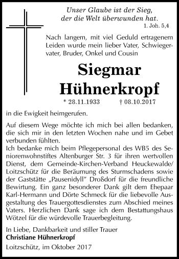 Traueranzeige von Siegmar Hühnerkropf von Mitteldeutsche Zeitung Zeitz