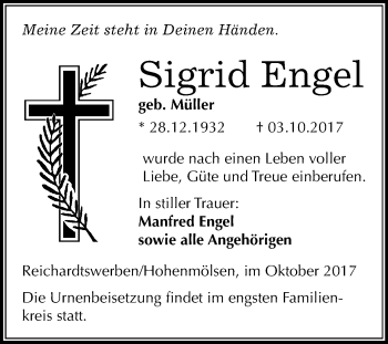 Traueranzeige von Sigrid Engel von Mitteldeutsche Zeitung Weißenfels