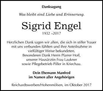 Traueranzeige von Sigrid Engel von Mitteldeutsche Zeitung Weißenfels