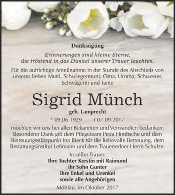 Traueranzeige von Sigrid Münch von WVG - Wochenspiegel Wittenberg