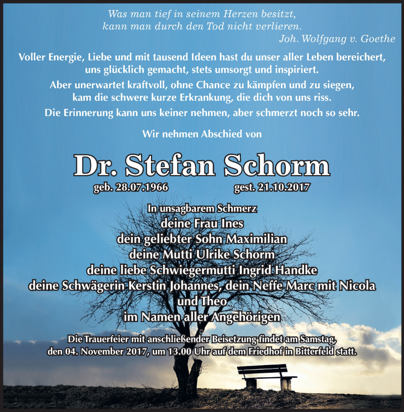  Traueranzeige für Stefan Schorm vom 26.10.2017 aus Mitteldeutsche Zeitung Bitterfeld