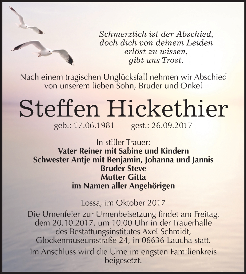 Traueranzeige für Steffen Hickethier vom 10.10.2017 aus Mitteldeutsche Zeitung