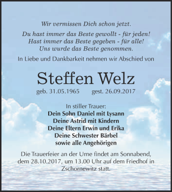 Traueranzeige von Steffen Welz von WVG - Wochenspiegel Wittenberg
