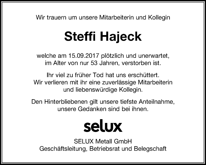  Traueranzeige für Steffi Hajeck vom 14.10.2017 aus Mitteldeutsche Zeitung Halle/Saalkreis