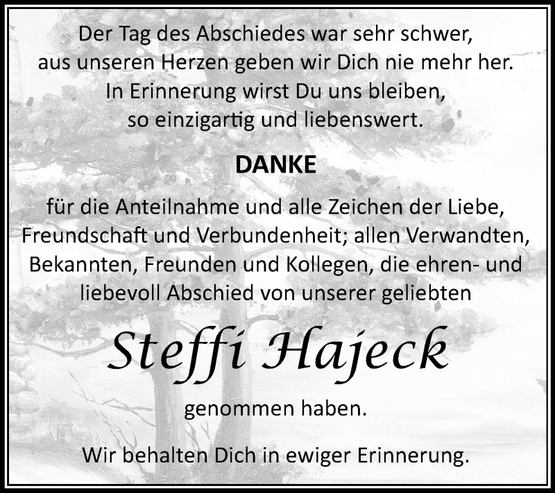  Traueranzeige für Steffi Hajeck vom 28.10.2017 aus Mitteldeutsche Zeitung Halle/Saalkreis