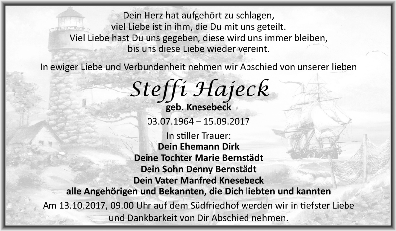  Traueranzeige für Steffi Hajeck vom 07.10.2017 aus Mitteldeutsche Zeitung Halle/Saalkreis