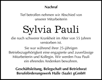 Traueranzeige von Sylvia Pauli von Mitteldeutsche Zeitung Halle/Saalkreis