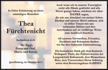 Traueranzeige von Thea Fürchtenicht von WVG - Wochenspiegel Quedlinburg