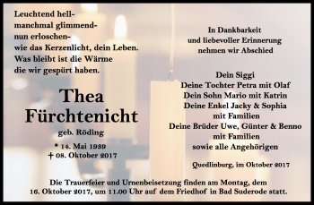 Traueranzeige von Thea Fürchtenicht von Mitteldeutsche Zeitung Quedlinburg