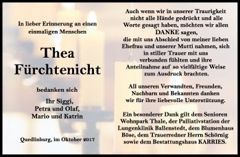 Traueranzeige von Thea Fürchtenicht von Mitteldeutsche Zeitung Quedlinburg