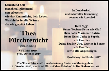 Traueranzeige von Thea Fürchtenicht von WVG - Wochenspiegel Quedlinburg