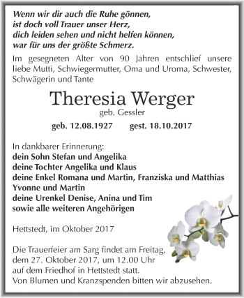 Traueranzeige von Theresia Werger von Wochenspiegel Mansfelder Land