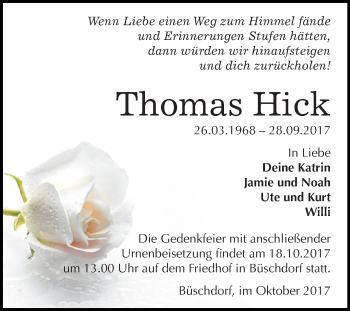 Traueranzeige von Thomas Hick von Mitteldeutsche Zeitung Halle/Saalkreis