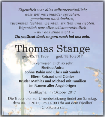 Traueranzeige von Thomas Stange von WVG - Wochenspiegel Merseburg