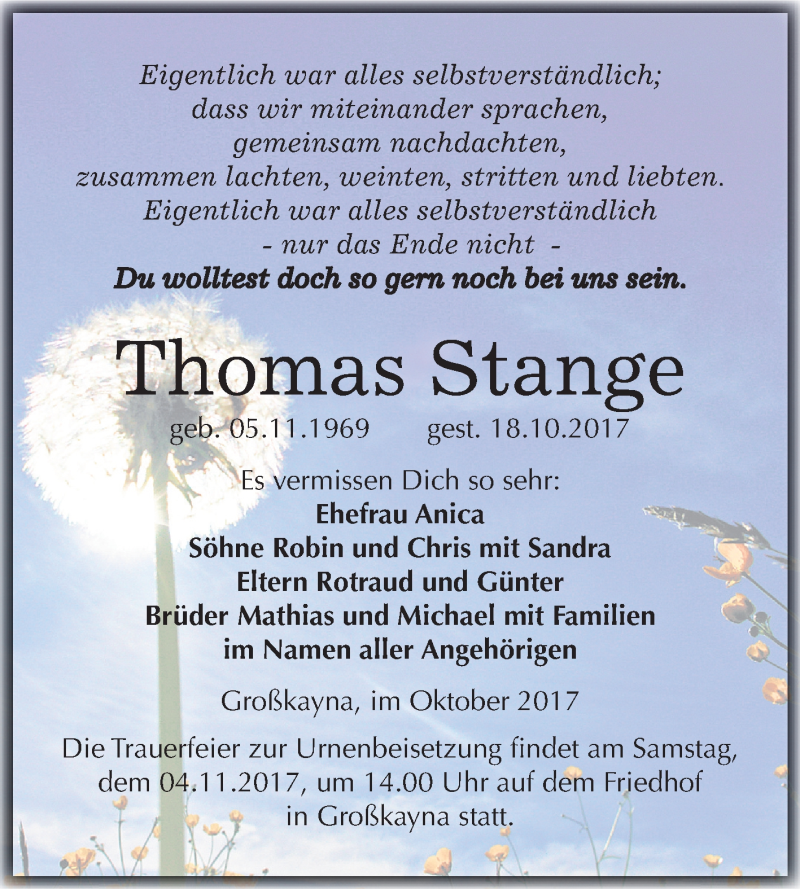  Traueranzeige für Thomas Stange vom 28.10.2017 aus Mitteldeutsche Zeitung Merseburg/Querfurt
