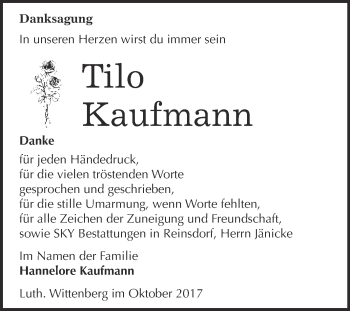 Traueranzeige von Tilo Kaufmann von Super Sonntag Wittenberg