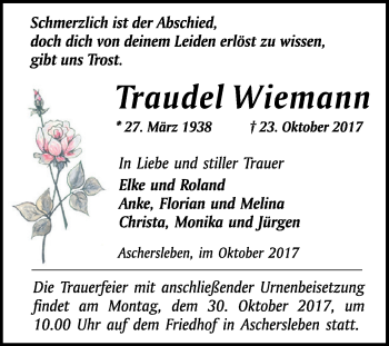 Traueranzeige von Traudel Wiemann von Super Sonntag Aschersleben