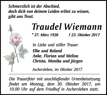 Traueranzeige von Traudel Wiemann von Mitteldeutsche Zeitung Aschersleben