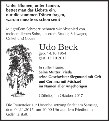 Traueranzeige von Udo Beck von WVG - Wochenspiegel NMB / WSF / ZTZ