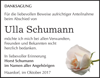 Traueranzeige von Ulla Schumann von Mitteldeutsche Zeitung Zeitz