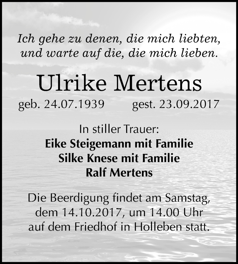  Traueranzeige für Ulrike Mertens vom 07.10.2017 aus Mitteldeutsche Zeitung Halle/Saalkreis