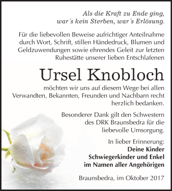 Traueranzeige von Ursel Knobloch von WVG - Wochenspiegel Merseburg