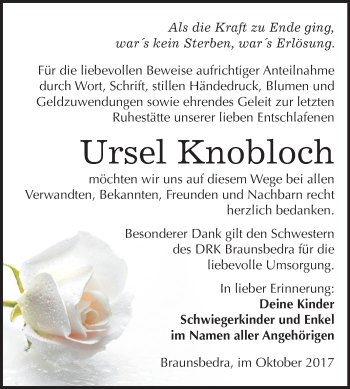 Traueranzeige von Ursel Knobloch von Mitteldeutsche Zeitung