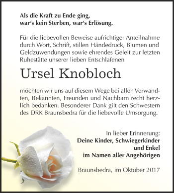 Traueranzeige von Ursel Knobloch von WVG - Wochenspiegel NMB / WSF / ZTZ