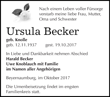 Traueranzeige von Ursula Becker von Super Sonntag SGH Mansf. Land