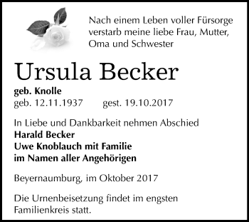 Traueranzeige von Ursula Becker von Mitteldeutsche Zeitung Sangerhausen
