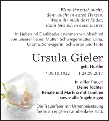 Traueranzeige von Ursula Gieler von Mitteldeutsche Zeitung Bitterfeld