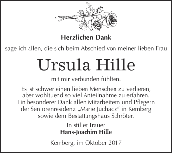 Traueranzeige von Ursula Hille von WVG - Wochenspiegel Bitterfeld