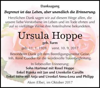 Traueranzeige von Ursula Hoppe von WVG - Wochenspiegel Dessau / Köthen