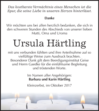 Traueranzeige von Ursula Härtling von Mitteldeutsche Zeitung Köthen