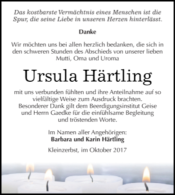 Traueranzeige von Ursula Härtling von WVG - Wochenspiegel Dessau / Köthen