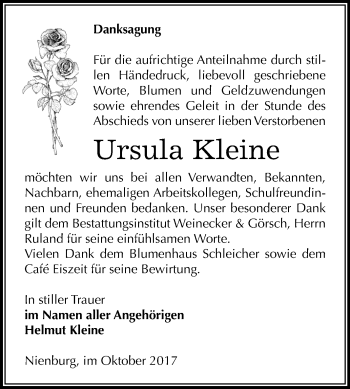 Traueranzeige von Ursula Kleine von Mitteldeutsche Zeitung Bernburg