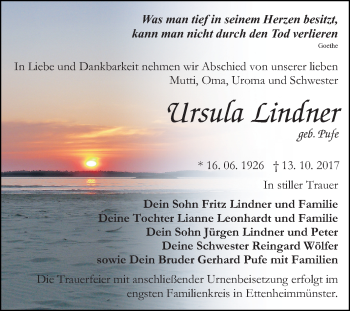 Traueranzeige von Ursula Lindner von Mitteldeutsche Zeitung Bitterfeld