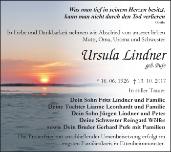 Traueranzeige von Ursula Lindner von WVG - Wochenspiegel Bitterfeld